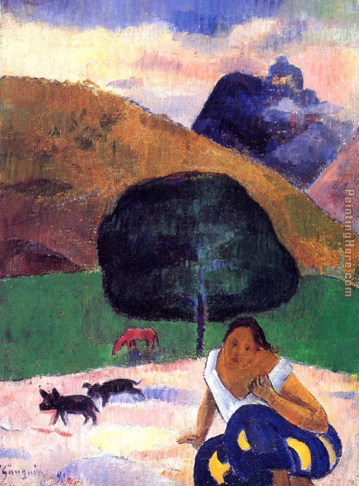 Landscape with Black Pigs and a Crouching Tahitian painting - Paul Gauguin Landscape with Black Pigs and a Crouching Tahitian art painting